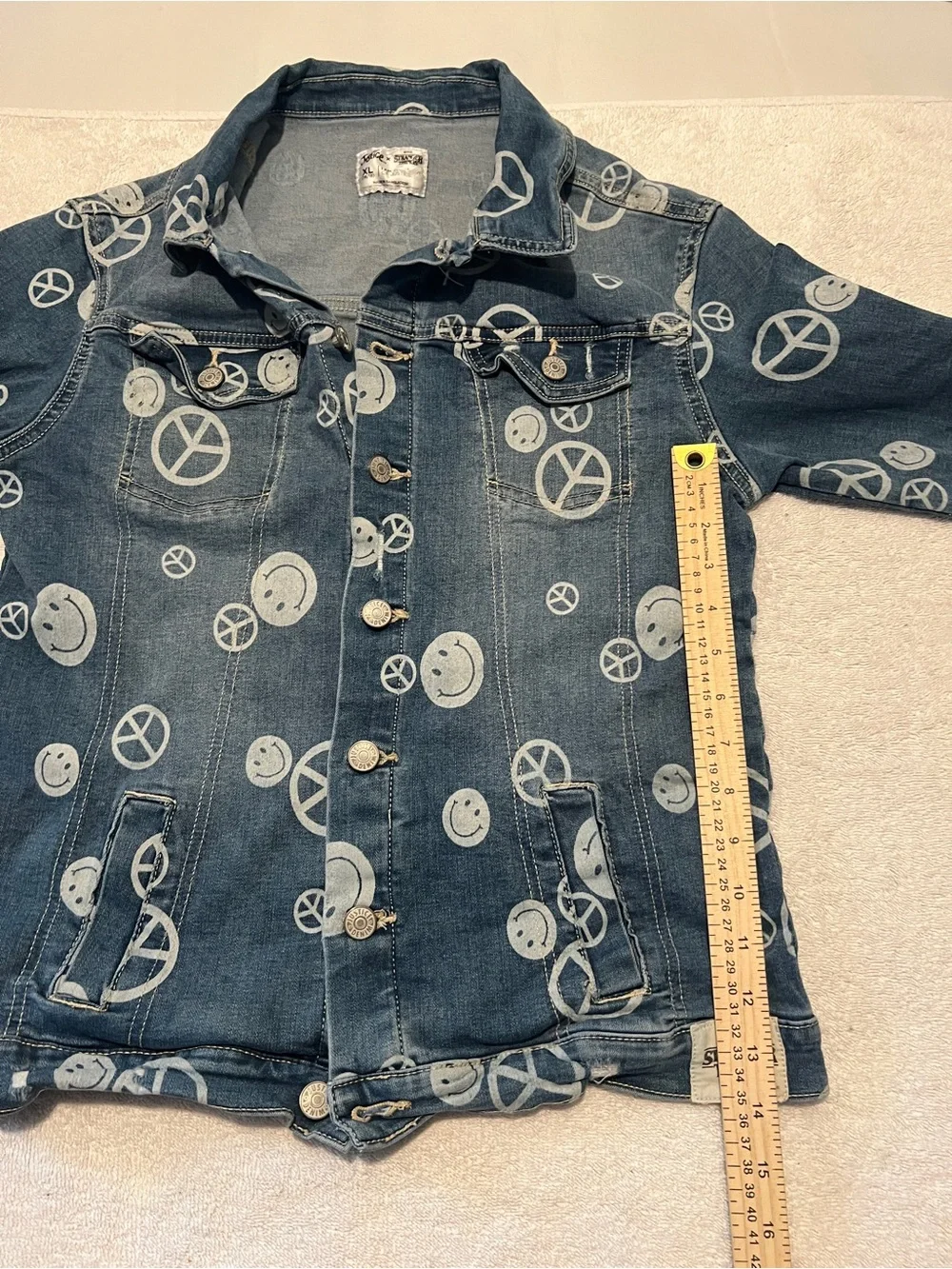 Justice Blue Denim Jacket with White Peace & Smiley Prints X-SIZE LARGE 14-16